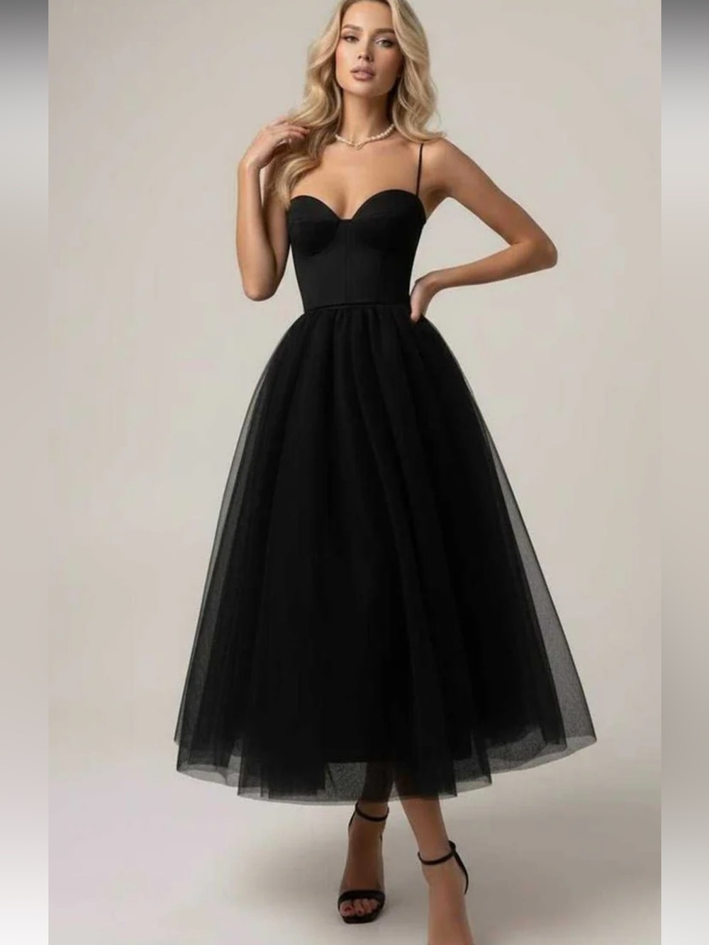 Black Sweetheart Tulle Midi Dress